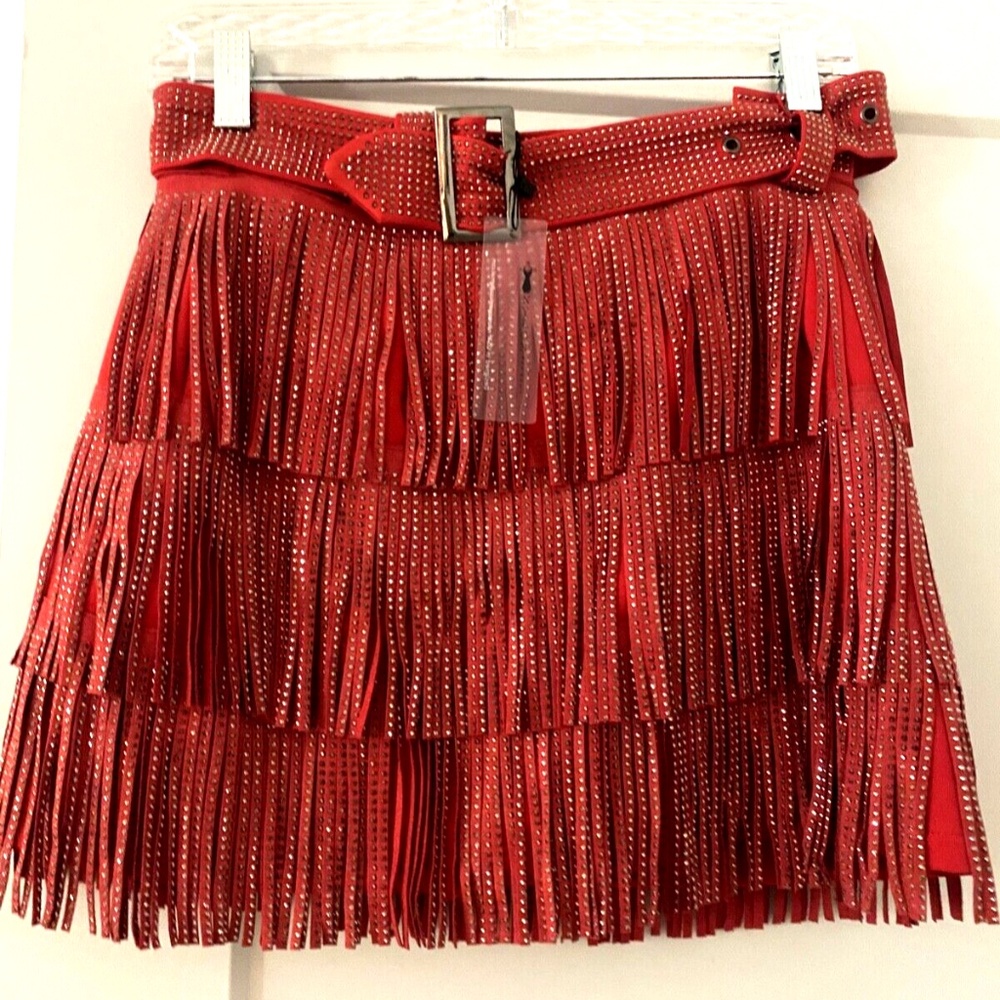 Brand New WT Pink Lily Boutique Red Rhinestone Fringe Cowgirl Concert Skirt Sz S